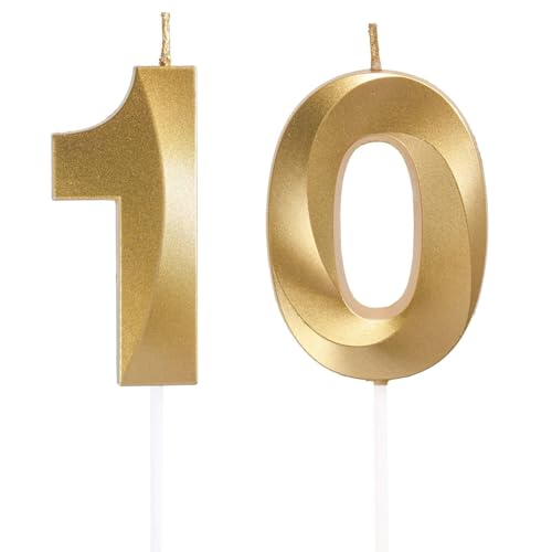 Geburtstagskerzen Zahlen 10, Gold Geburtstag Kerzen, 3D Tortendeko, Geburtstagskerze Kuchendeko für Geburtstag Party, Hochzeiten, Firmenfeiern, Jubiläen kuchen Dekoration, Birthday Candle Nummer 10 von Qikaara