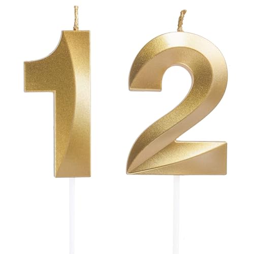 Geburtstagskerzen Zahlen 12/21, Gold Geburtstag Kerzen, Zahlenförmige Kerze, 3D Tortendeko, kuchen Dekoration für Geburtstag Party, Hochzeiten, Firmenfeiern, Jubiläen, Birthday Candle Nummer 12/21 von Qikaara