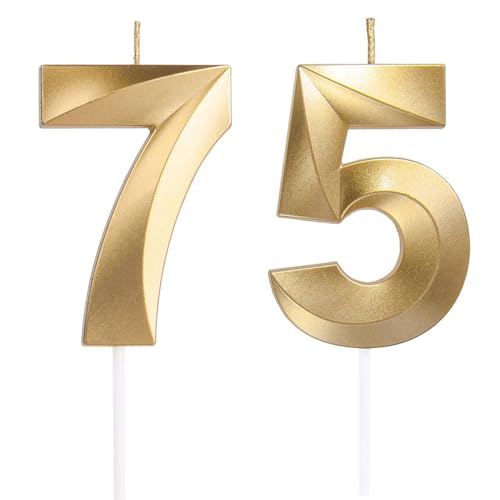 Geburtstagskerzen Zahlen 57/75, Gold Geburtstag Kerzen, Zahlenförmige Kerze, 3D Tortendeko, kuchen Dekoration für Geburtstag Party, Hochzeiten, Firmenfeiern, Jubiläen, Birthday Candle Nummer 57/75 von Qikaara