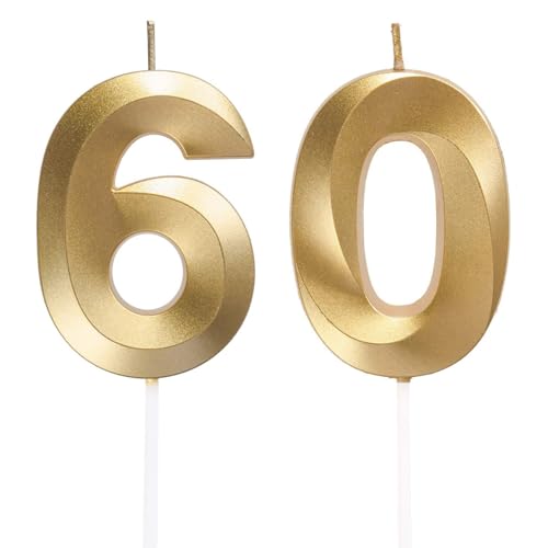 Geburtstagskerzen Zahlen 60, Gold Geburtstag Kerzen, 3D Tortendeko, Geburtstagskerze Kuchendeko für Geburtstag Party, Hochzeiten, Firmenfeiern, Jubiläen kuchen Dekoration, Birthday Candle Nummer 60 von Qikaara