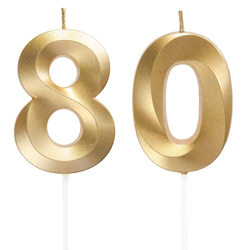 Geburtstagskerzen Zahlen 80, Gold Geburtstag Kerzen, 3D Tortendeko, Geburtstagskerze Kuchendeko für Geburtstag Party, Hochzeiten, Firmenfeiern, Jubiläen kuchen Dekoration, Birthday Candle Nummer 80 von Qikaara