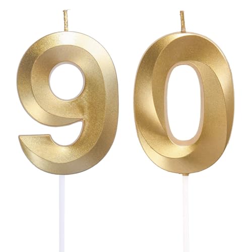 Geburtstagskerzen Zahlen 90, Gold Geburtstag Kerzen, 3D Tortendeko, Geburtstagskerze Kuchendeko für Geburtstag Party, Hochzeiten, Firmenfeiern, Jubiläen kuchen Dekoration, Birthday Candle Nummer 90 von Qikaara