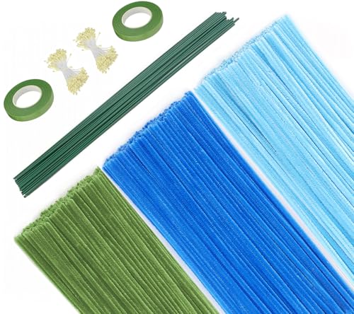 Pfeifenreiniger Chenilledraht Blumen Set, 300 Stück Pfeifenputzer zum Basteln (3 Farben: Grün Blau Hellblau) mit Blumendraht, Floristenband, Blumen Staubblatt Pipe Cleaner Chenille Stem für DIY Craft von Qikaara