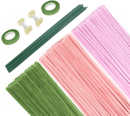 Pfeifenreiniger Chenilledraht Blumen Set, 300 Stück Pfeifenputzer zum Basteln (3 Farben: Grün Rosa Hellrosa) mit Blumendraht, Floristenband, Blumen Staubblatt Pipe Cleaner Chenille Stem für DIY Craft von Qikaara