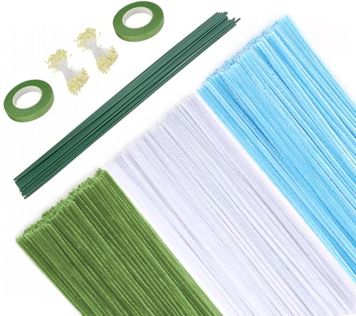 Pfeifenreiniger Chenilledraht Blumen Set, 300 Stück Pfeifenputzer zum Basteln (3 Farben: Grün Weiß Hellblau) mit Blumendraht, Floristenband, Blumen Staubblatt Pipe Cleaner Chenille Stem für DIY Craft von Qikaara