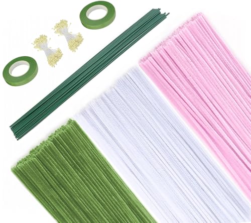 Pfeifenreiniger Chenilledraht Blumen Set, 300 Stück Pfeifenputzer zum Basteln (3 Farben: Grün Weiß Hellrosa) mit Blumendraht, Floristenband, Blumen Staubblatt Pipe Cleaner Chenille Stem für DIY Craft von Qikaara