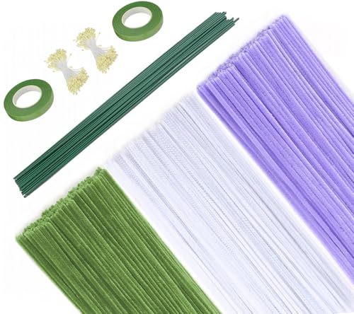 Pfeifenreiniger Chenilledraht Blumen Set, 300 Stück Pfeifenputzer zum Basteln (3 Farben: Grün Weiß Taro-Lila) mit Blumendraht, Floristenband, Blumen Staubblatt Pipe Cleaner Chenille Stem für DIY Craft von Qikaara
