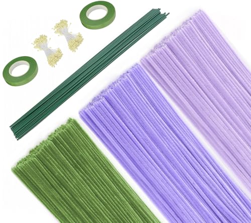Pfeifenreiniger Chenilledraht Blumen Set, 300 Stück Pfeifenputzer zum Basteln (Grün, Taro-Lila, Lichtlila) mit Blumendraht, Floristenband, Blumen Staubblatt Pipe Cleaners Chenille Stems für DIY Craft von Qikaara