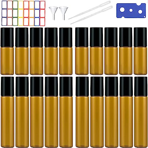 Qikaara 20 Stück Roll On Glasflaschen für ätherisches öl 5ml/10ml Set, Klein Amber Rollon Flaschen Leer Nachfüllbare Tragbare Mini Probe Roller Flaschen mit Öffner Trichter Pipetten und Etiketten Qikaara 20 Stück Roll On Glasflaschen für ätherisches öl 5ml/10ml Set, Klein Amber Rollon Flaschen Leer Nachfüllbare Tragbare Mini Probe Roller Flaschen mit Öffner Trichter Pipetten und Etiketten von Qikaara