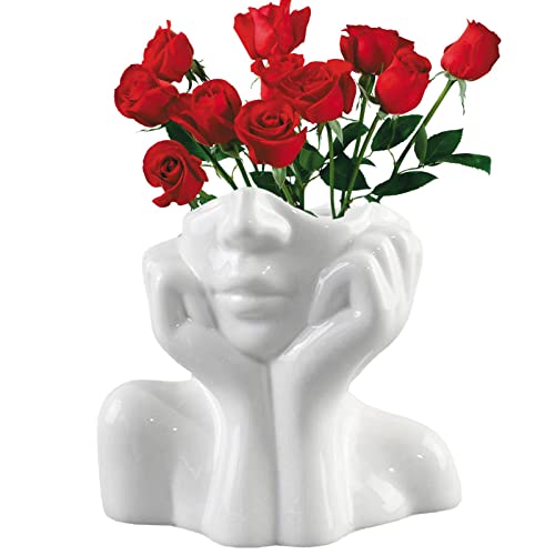 Kopf Gesicht Vase Blumenvase Keramikvasen Für Moderne Home Decor, Weiß Matt Dekorative Vase Moderne Schicke Vase Boho Deko Für Heimdekoration Wohnzimmer von Qikam