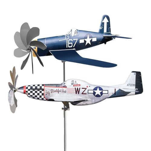 Qikam Metall Windrad Flugzeug - Windspiel Windmühle für den Garten - Wetterfest und Standfest - Flugzeug Gartendeko mit Bestem Kugellager - Weiß, Blau von Qikam