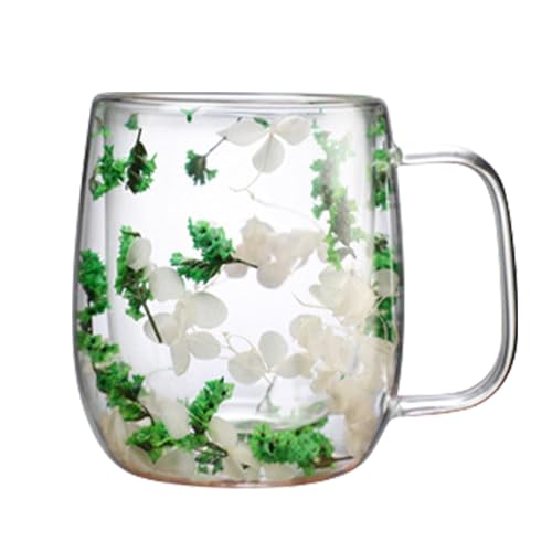 Qikam Trockene Blume Doppelwandige Gläser Schöne Trockene Blume Kaffeetasse Klar Doppelwandige Gläser Latte Macchiato Gläser Süße Kaffeeglas Teegläser mit Henkel für Cappuccino,Tee,EIS,Milch,Bier von Qikam