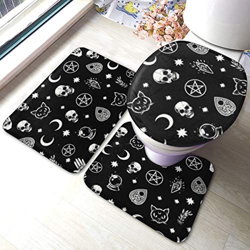 Schwarzer Schädel Katze Mond Gotisches Muster Badezimmermatte Sets 3-teiliges Set Teppiche Memory Foam Matte Set Matches Anti-Rutsch WC Sitzbezug Badematte Deckel Abdeckung von Qilerongrong