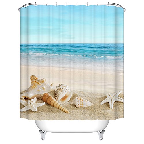 Waterproof Polyester Fabric Bathroom Shower Curtain, Qile Mildew-Resistant Anti-Bacterial 3D Digital Printing Pattern Shower Curtains with 12 Ring Hooks, 180 x180cm (Sea & Beach & Conch & Starfish) von Qilerongrong