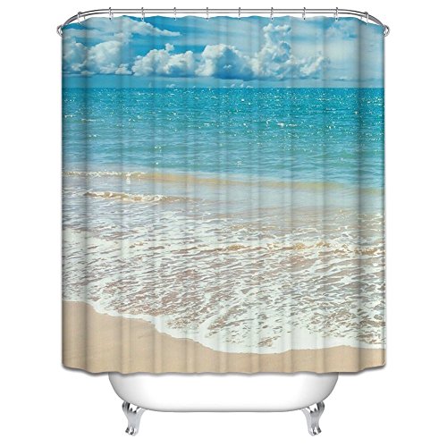 Qilerongrong Sea Beach Badezimmer Duschvorhang, Anti-Schimmel 100% Polyester Badewanne Duschvorhänge, 3D Effekt und Digitaldruck, Wasserdicht mit 12 weißen Haken, 180 x 180cm von Qilerongrong