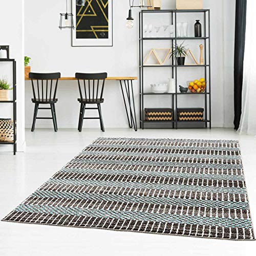 Teppich Flachflor modern geometrisches Muster aus Streifen und Karo-Elementen in Blau Wohnzimmer Größe 120/160 cm von Qilim