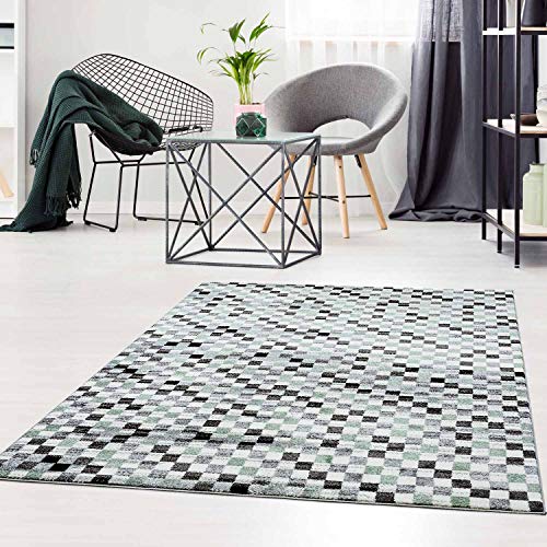 Teppich Flachflor Modern meliertes Muster im Karo-Look in Grün Wohnzimmer Größe 140/200 cm von Qilim