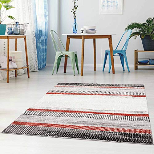 Teppich Läufer Flur Modern - 80x300 cm Grau Rot Meliert - Kurzflor Teppiche mit Geo-Muster von carpet city