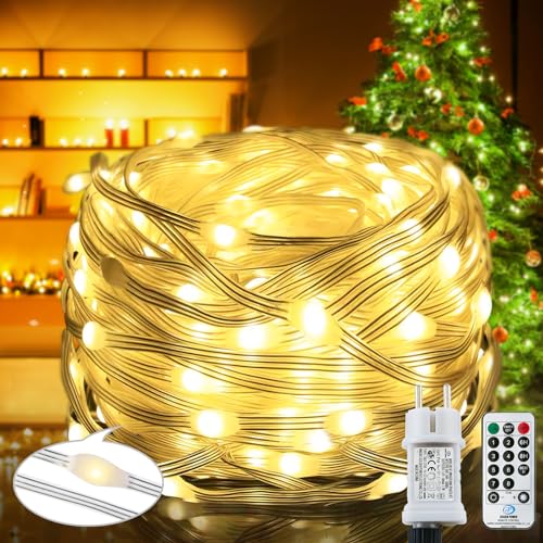 Qillnyy Lichterkette mit 220 LEDs für den Außenbereich/Innenbereich, 25 m, 8 Modi, mit Fernbedienung, Timer, PVC-Draht, Dekoration, Garten, Weihnachtsbaum, Hochzeit, Weihnachten (warmweiß) von Qillnyy