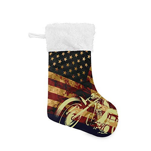 Qilmy Weihnachtsstrümpfe, groß, Bonbon-Totenkopf, Motorrad, amerikanische Flagge, Strumpffüller, Kinder, niedlich, personalisierte Socken mit Kristall-Samt-Dekorationen für Weihnachten, Zuhause, von Qilmy