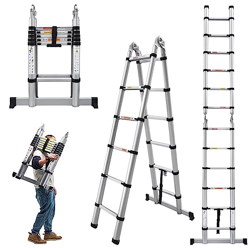 3,8M Teleskopleiter Aluminium Klappleiter A-Rahman Mehrzweckleiter mit Stabilisatorstange 6+6 Stufen,Rutschfester Ausziehleiter Haushaltsleiter Gefaltete Größe 86,5cm, 150kg Tragfähigkeit von Qimu