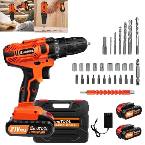 Akku-Bohrschrauber 21V Akkuschrauber Set mit 1.5 Ah Akku, 2-Gang Akku Schlagbohrschrauber 25+1 Drehmomentstufen, 45Nm Drehmoment, LED-Licht, Akku Bohrmaschine mit 26tlg Zubehör für Haus Garten DIY von Qimu