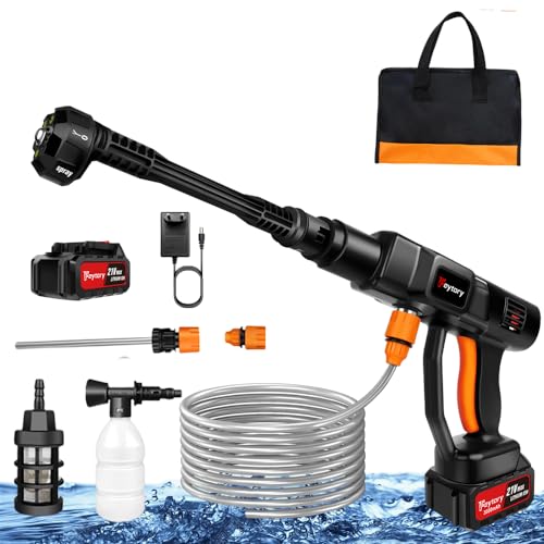 Akku Hochdruckreiniger 21V Tragbare Hochdruckreiniger 30Bar Mobile Hochdruckreiniger mit 3,0Ah Akku, 6-in-1 Sprühdüse, 5M Schlauch Akku Hochdruckpistole für Autowäsche, Gartenschlauch, Bodenreinigung von Qimu