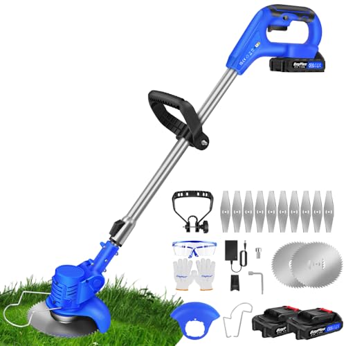 Qimu Akku Rasentrimmer mit Akku 21V Elektrischer Rasentrimmer Elektro-Trimmer Akku Motorsense Rasen mit Akkus & Metall Messer, Akku Freischneider Gartenkantenfräser für Rasenschneiden, Garten, Hof von Qimu