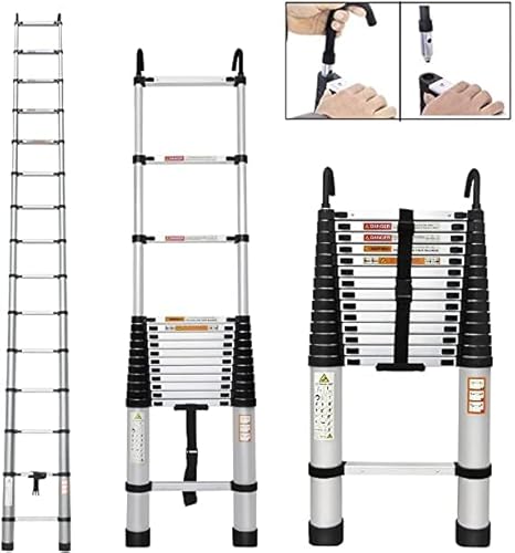 Teleskopleiter 6.2M Aluminium Klappleiter mit 2 Abnehmbarem Haken, Rutschfester Stehleiter, 150 kg/330 Pfund Belastbarkeit Ausziehbare Leiter, Gefaltet 104cm, Mehrzweckleiter für Haus,Garden,im Freien von Qimu