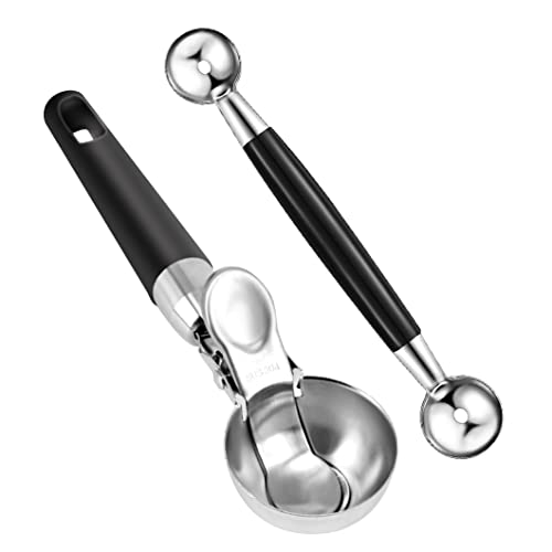 2teilige Edelstahl Eisportionierer Doppelseitig Aushöhllöffel Set Eiscremelöffel Kugelformer Melonenausstecher Eiskugeln Melonenballer Eislöffel Melonenlöffel für Gemüse Obst Eiscreme Frikadelle von QincLing