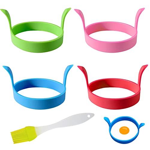 4 Stück Spiegeleiform Rund, Egg Ring Set Spiegelei Silikonform Eierformer Spiegelei Eierkochring Eierringe Antihaft Omelettform Mit Griffen Ölflaschenbürste Non Stick Crumpet Rings Ei Ring Für Pfanne von QincLing