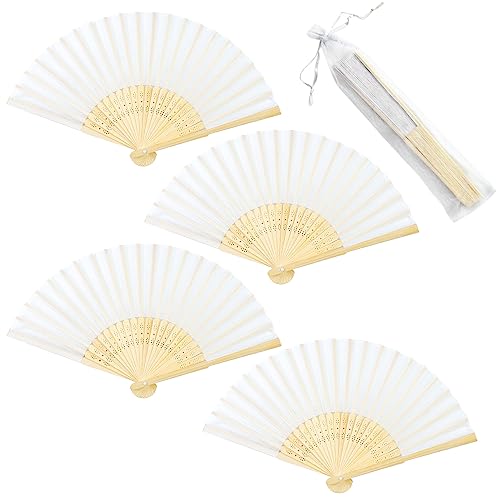 4pcs Weiß Stofffächer Diy Fächer Hochzeit Holzfächer Faltbar Silk Handfächer aus Stoff mit Tasche Hochzeitsfächer Folding Fans für Wand Dekoration Abkühlung Geburtstag Abiturball Party Geschenke von QincLing