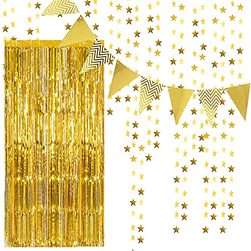 QincLing 3 STK Metallic Lametta Vorhänge Set, Fringe Vorhänge Lametta Tinsel Vorhang Folienfransen mit Flagge Bunting Banner und Glitter Papier Sternform Girlande für Geburtstag Party/Hochzeit (Gold) von QincLing