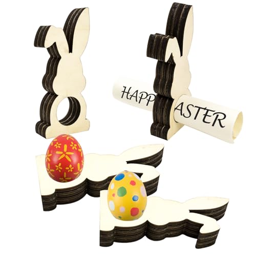 QincLing 6pcs Eierhalter Holz Osterdeko Hase Eierbecher Lustig Handgefertigt Dekoration Osterkörbchen Hasen Tischdekoration Geschenk Ostereier für Brunch und Frühstück von QincLing