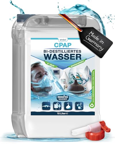 Qindoo 10L CPAP Wasser, Aqua Bidest, Bidestilliertes Wasser Rein 2-fach, 10 Liter Kanister mit Hahn von Qindoo