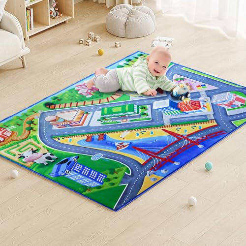 Qingbei Rina Teppich Kinderzimmer Junge, Kinderteppich Mädchen, Baby Spielteppich Straße, Autoteppich Kinder, Spielmatte Stadt 120 x 80 cm, Grün Lernbereich Teppiche fürs Kinderzimmer von Qingbei Rina