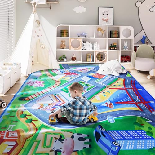 Qingbei Rina Teppich Kinderzimmer Junge, Kinderteppich Mädchen, Baby Spielteppich Straße, Autoteppich Kinder, Spielmatte Stadt 160 x 230 cm, Grün Lernbereich Teppiche fürs Kinderzimmer von Qingbei Rina