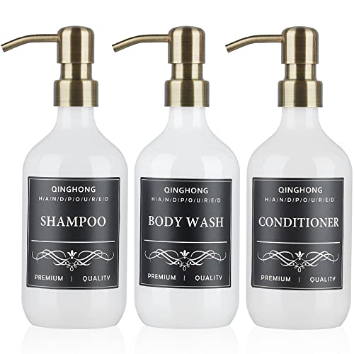 3er Set nachfüllbar Shampoo Flaschen zum befüllen-500ml Pumpenkopf aus rostfreiem Stahl duschgel Spender für dusche mit wasserfesten Etiketten-Bronze von Qinghong