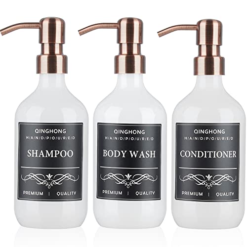 3er Set nachfüllbar Shampoo Flaschen zum befüllen-500ml Pumpenkopf aus rostfreiem Stahl duschgel Spender für dusche mit wasserfesten Etiketten-Kupfer von Qinghong