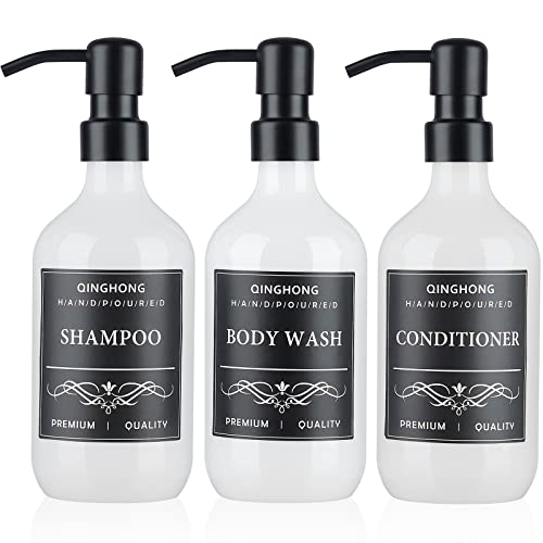3er Set nachfüllbar Shampoo Flaschen zum befüllen-500ml Pumpenkopf aus rostfreiem Stahl duschgel Spender für dusche mit wasserfesten Etiketten-Matt schwarz von Qinghong