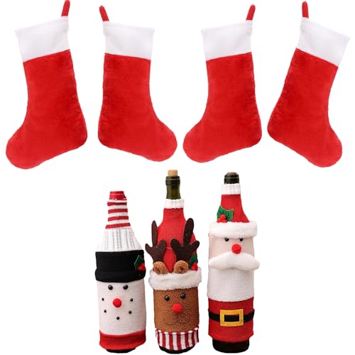 Qingjaen Weihnachts-Dekorations-Set, 4 Rote Weihnachtsstrümpfe, 3 Festliche Weinflaschen-Überzüge mit Schneemann, Rentier und Weihnachtsmann von Qingjaen