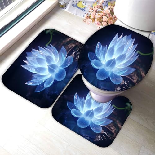 Qingsuo Adezimmerteppich-Set 3Teilig Lotus rutschfest Badteppiche Saugfähig Memory Foam Badezimmermatte Blaue Blumen Weich WC-Deckelbezug U-Förmige Matte Maschinenwaschbar Badvorleger 50x80cm von Qingsuo
