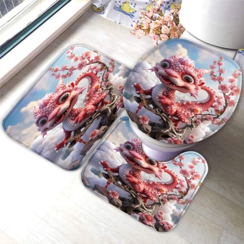 Qingsuo Badezimmer Badematte 3 Teilig Drachen rutschfest Badteppiche Saugfähig Memory Foam Badezimmermatte Weich WC-Deckelbezug U-Förmige Matte Blumen Maschinenwaschbar Badvorleger 40x60cm von Qingsuo