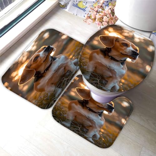 Qingsuo Badezimmer Badematte 3 Teilig Set Hund rutschfest Badteppiche Saugfähig Memory Foam Badezimmermatte Süße Tiere Weich WC-Deckelbezug U-Förmige Matte Maschinenwaschbar Badvorleger von Qingsuo