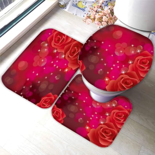 Qingsuo Badezimmer Badematte 3 Teilig Set Rose rutschfest Badteppiche Saugfähig Memory Foam Badezimmermatte Rote Blumen Weich WC-Deckelbezug U-Förmige Matte Maschinenwaschbar Badvorleger von Qingsuo