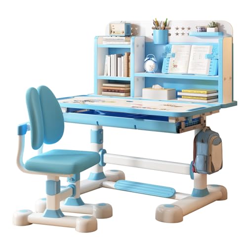 Qinlenyan Kinder Schreibtisch & Stuhl Set - Höhenverstellbarer Lernschreibtisch mit neigbarer Platte & Bücherständer, ergonomischer Kinderdrehstuhl - Multifunktionales Kinderzimmer-Set Blau von Qinlenyan