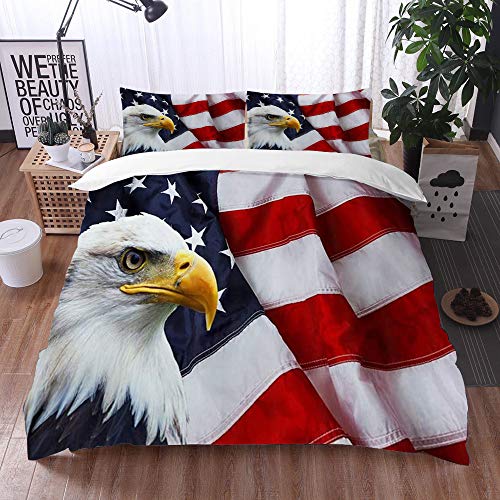 Qinniii 3 Teilig Bettgarnitur Bettwäsche,Amerikanische Flagge USA Weißkopfseeadler Stars and Stripes Flag Hippie,Gemütlich 3D Mikrofaser Bettbezug Set + 2 Kissenbezug 135 x 200 cm von Qinniii