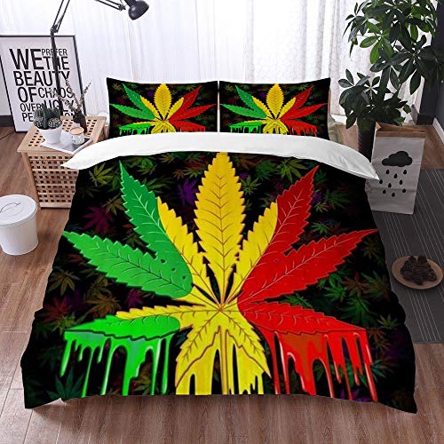 Qinniii 3 Teilig Bettgarnitur Bettwäsche,Reggae Rasta Marihuana Leaf Weed,Gemütlich 3D Mikrofaser Bettbezug Set + 2 Kissenbezug 135 x 200 cm von Qinniii