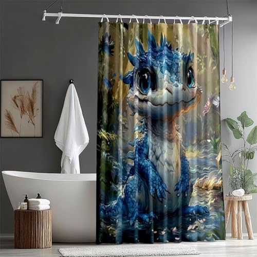 Duschvorhang Lang 100x200cm Duschvorhang Drachen Duschvorhänge mit Gewicht Wasserdicht Polyester Stoff Waschbar Bad Vorhang mit 12 Haken für Dusche und Badewanne Badewannenvorhang (Blau) ZQ-1168 von Qinqhuag