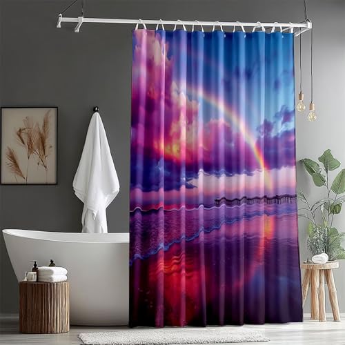 Duschvorhang Lang 180x220cm Duschvorhang Wolke Duschvorhänge mit Gewicht Wasserdicht Polyester Stoff Waschbar Bad Vorhang mit 12 Haken für Dusche und Badewanne Badewannenvorhang (Regenbogen) ZQ-790 von Qinqhuag